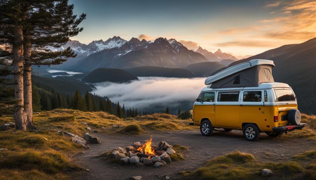 Campervan mit Hochdach parkend an auf einer Anhöhe vor einem Lagerfeuer