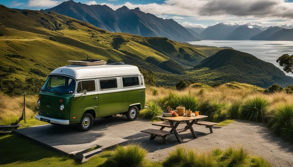 Campervan in Neuseeland, parkend neben einem Campingtisch