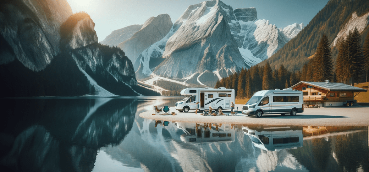 Wohnmobil und Campervan parkend an einem ruhigen Alpensee
