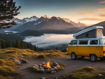 Campervan mit Hochdach parkend an auf einer Anhöhe vor einem Lagerfeuer